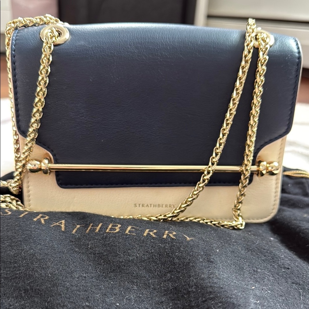 Strathberry Navy and Cream Leather Crossbody Bag